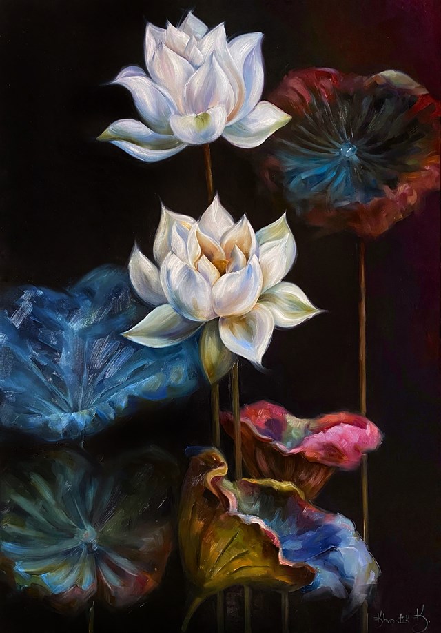 Living room painting by Krystyna Khvostyk titled Space lilies 