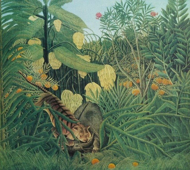 Living room print by HENRI ROUSSEAU titled Tigre attaquant un buffle 102/300