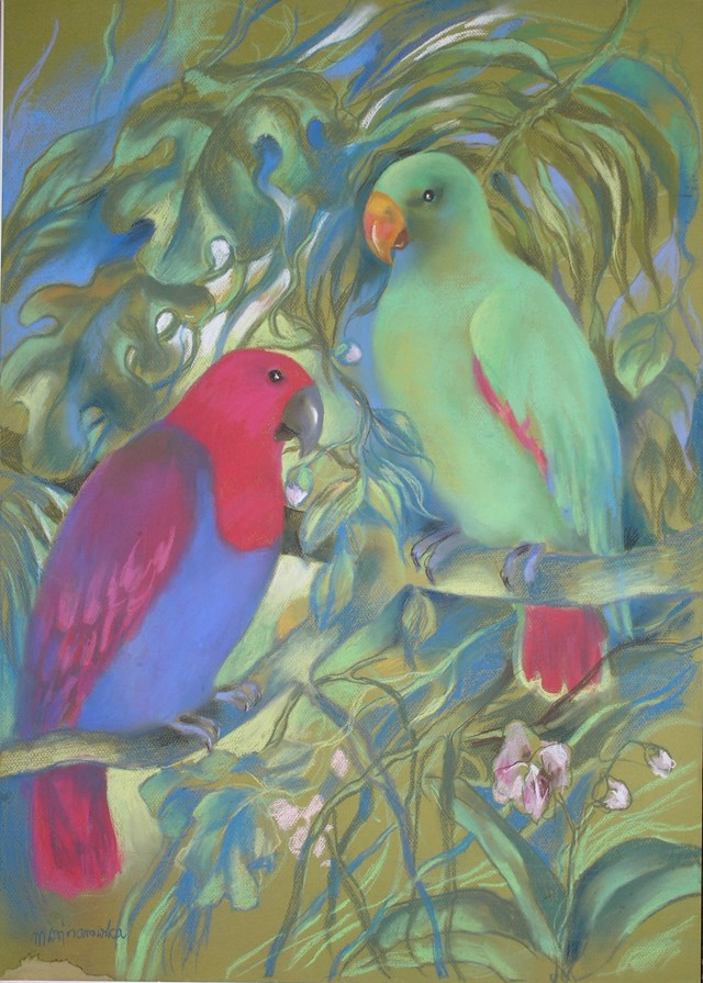 Living room painting by Maja Wojnarowska titled Lory parrots