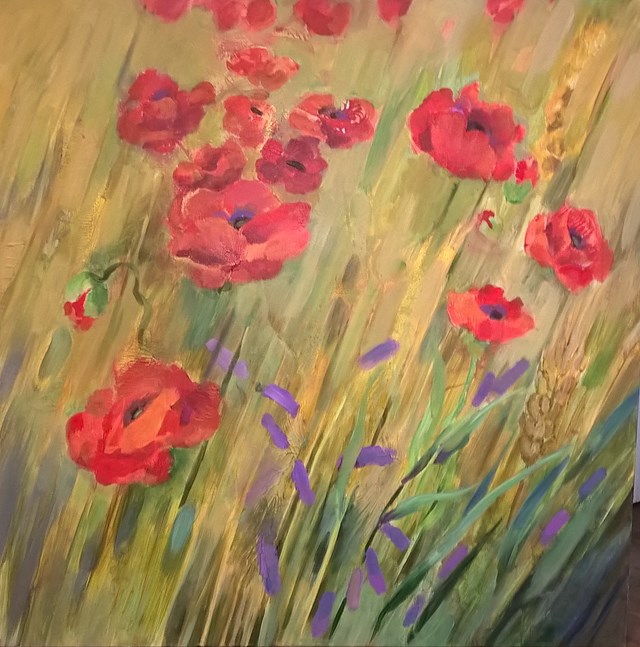 Living room painting by Maja Wojnarowska titled Poppies in grain from Lucien