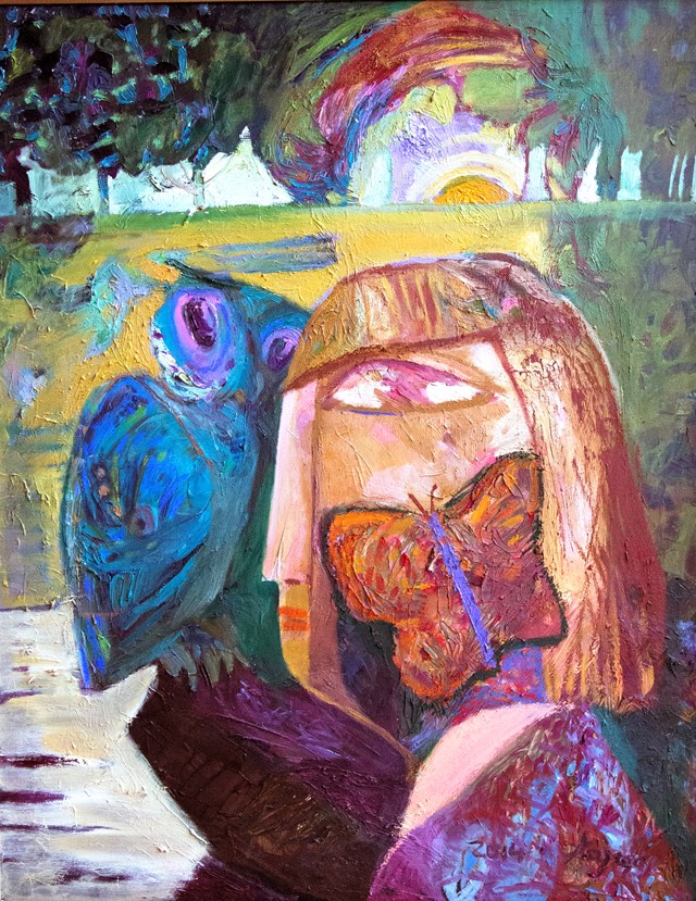 Living room painting by Aldona Zając titled Conversation with the owl and the butterfly