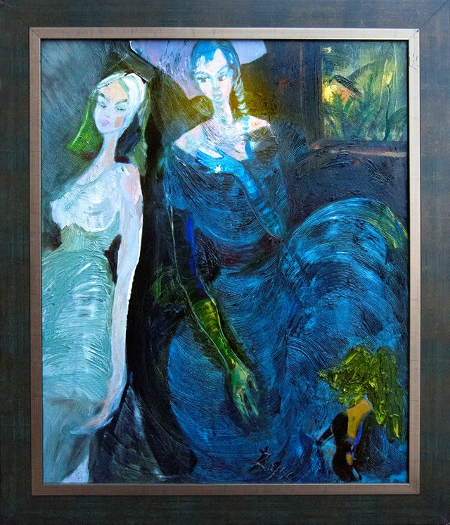 Living room painting by Aldona Zając titled Dancers at the bottom of the ocean