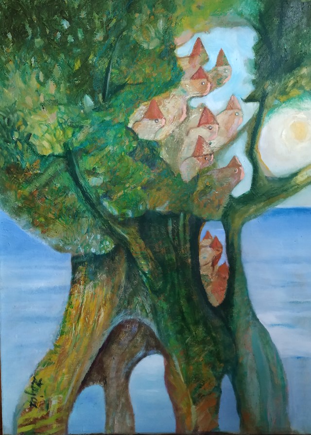Living room painting by Aldona Zając titled Trees go to heaven