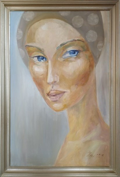 Living room painting by Aldona Zając titled blue-eyed