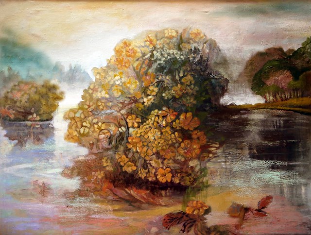 Living room painting by Aldona Zając titled Blooming islands