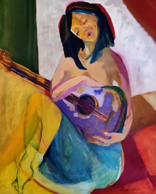 Living room painting by Aldona Zając titled Love and guitar