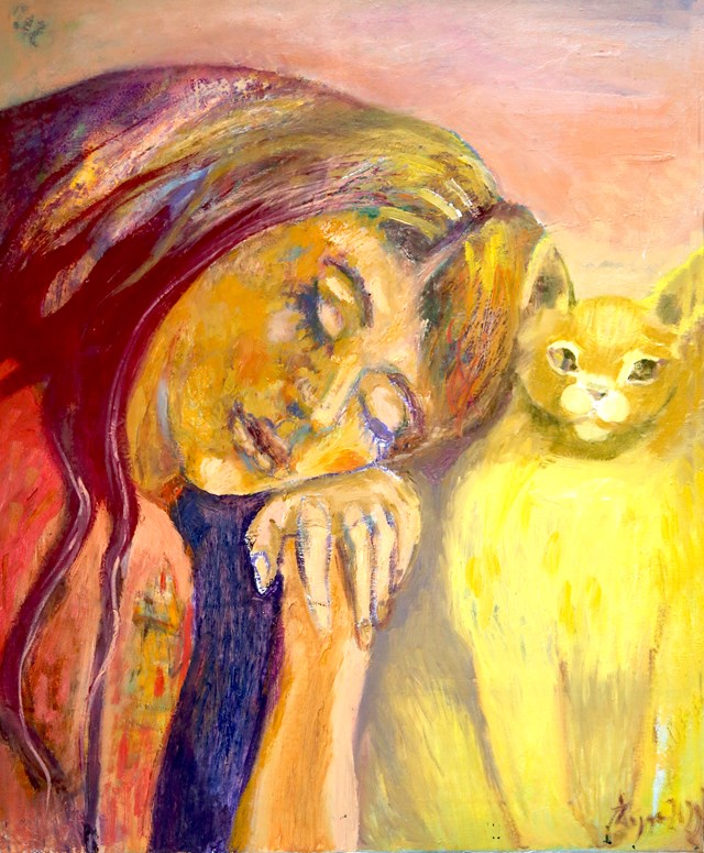 Living room painting by Aldona Zając titled The golden cat