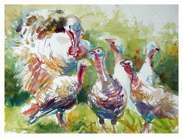 Living room painting by Jarosław Drążek titled Walk, turkeys 1