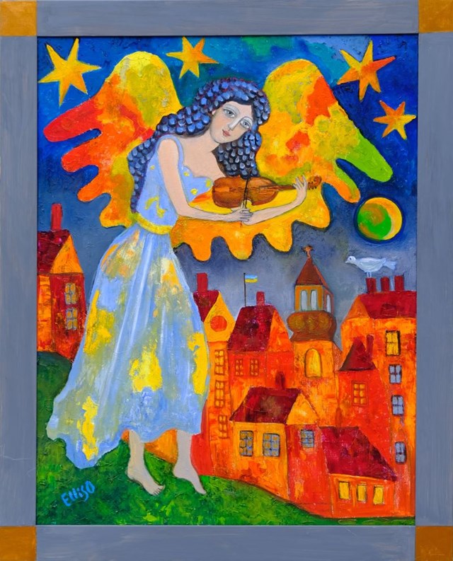 Living room painting by Elżbieta Ostrowska-Łysak titled Angel over Ukraine