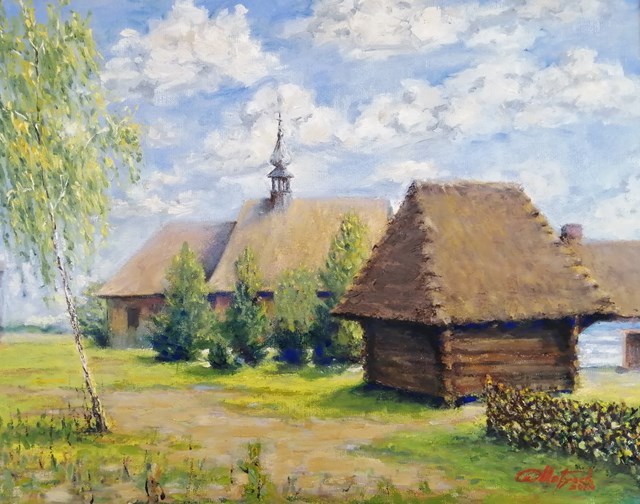 Living room painting by Zbigniew Matysek titled Skansen w Maurzycach