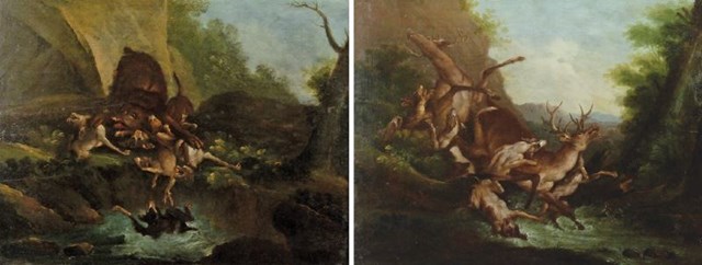 Living room painting by Artysta Nierozpoznany titled Huntung Diptych, 18th century