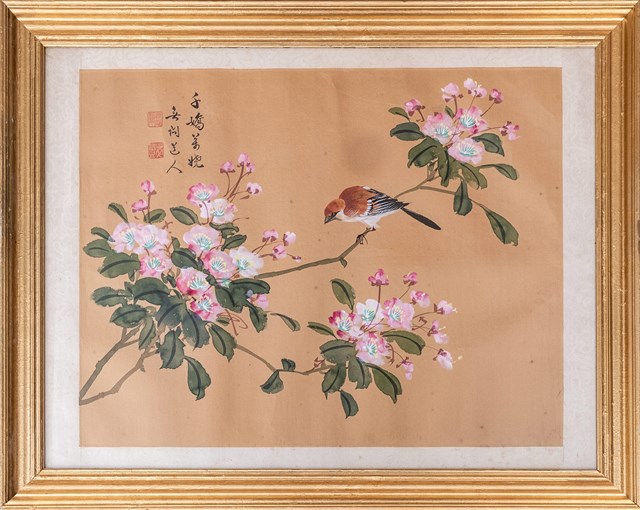 Living room painting by Artysta Nierozpoznany titled Goldfinch on Cherry Blossoms