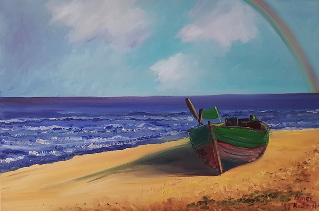 Living room painting by Agnieszka Alpin titled Sea with boat