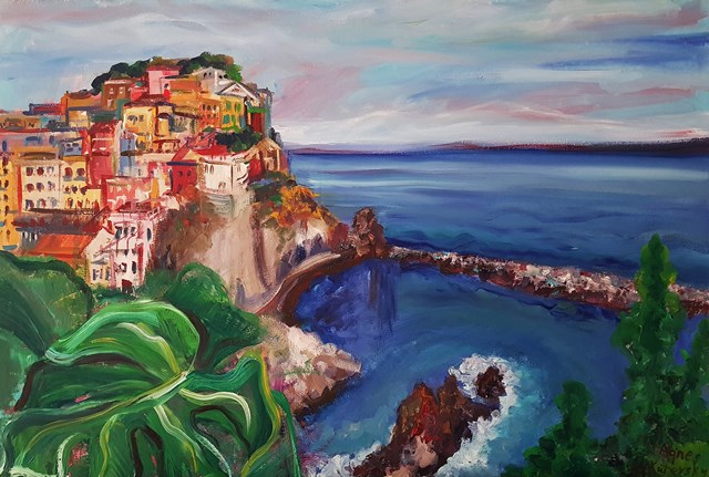 Living room painting by Agnieszka Alpin titled 'Italian seacoast'