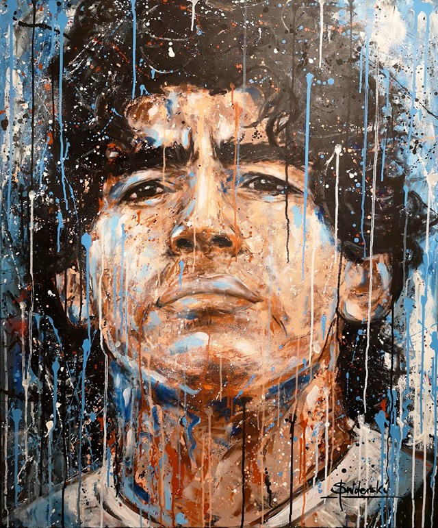 Living room painting by Paweł Świderski titled Maradona