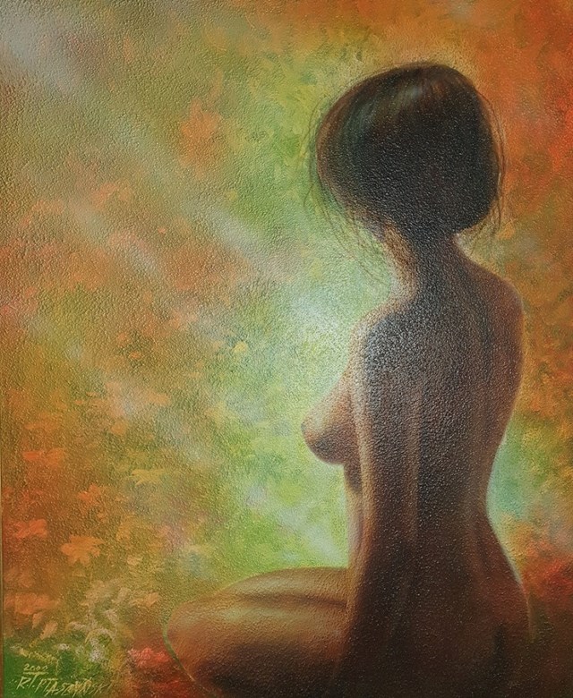 Living room painting by Ryszard Tadeusz Ptaszyński titled Nude - Whispers