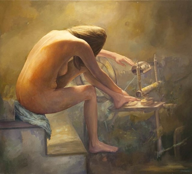 Living room painting by Katarzyna Jaśnikowska-Adamiak titled Girl With a Reel