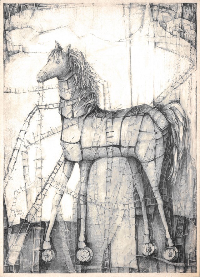 Grafika do salonu artysty Barbara Bakalarska pod tytułem Koń Trojański