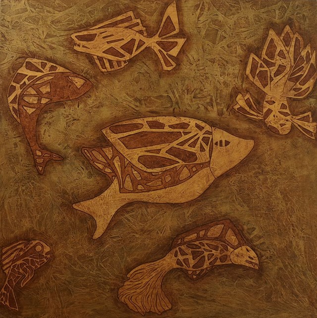 Living room painting by Barbara Trojanowska titled Six golden fishes