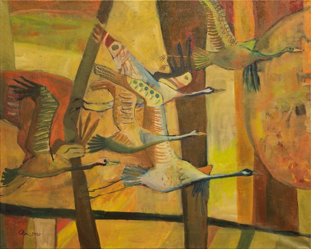 Living room painting by Aleksandra Woźniak titled Cranes