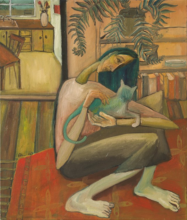 Obraz do salonu artysty Aleksandra Woźniak pod tytułem Kobieta z kotem