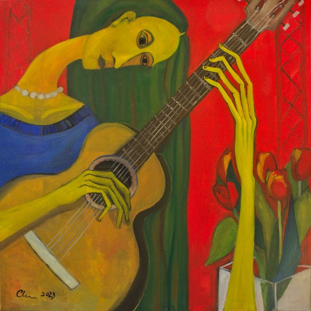 Living room painting by Aleksandra Woźniak titled Guitar and Tulips 