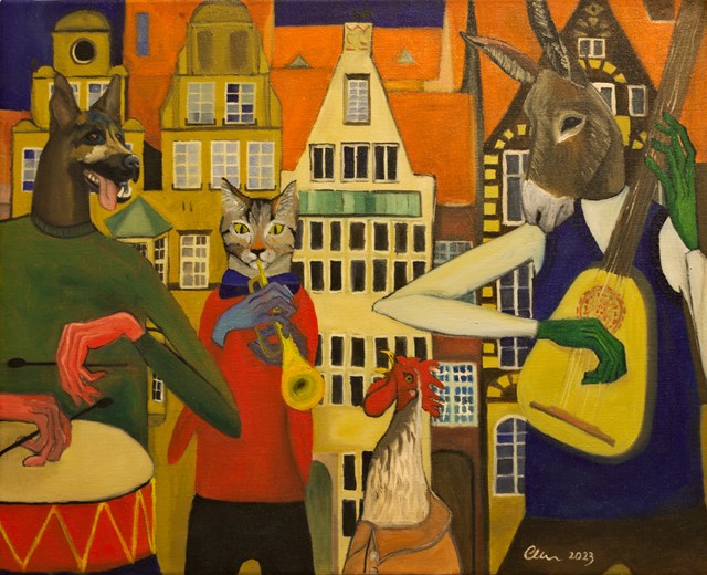 Living room painting by Aleksandra Woźniak titled Town Musicians of Bremen