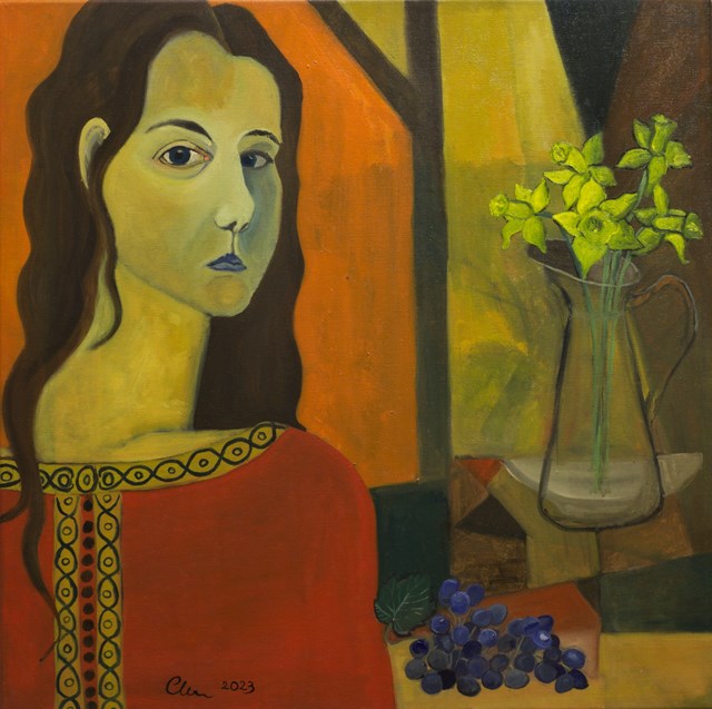 Living room painting by Aleksandra Woźniak titled Daffodils and Grapes 