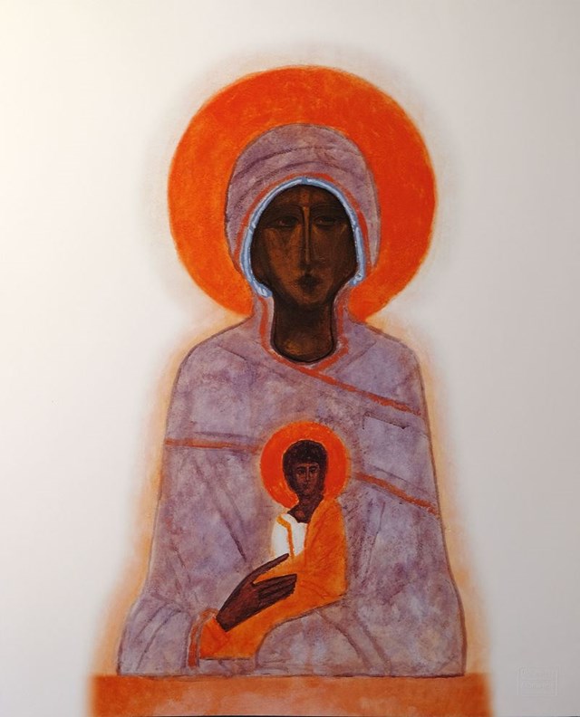 Living room print by Jerzy Nowosielski titled The Mother of God with the Child