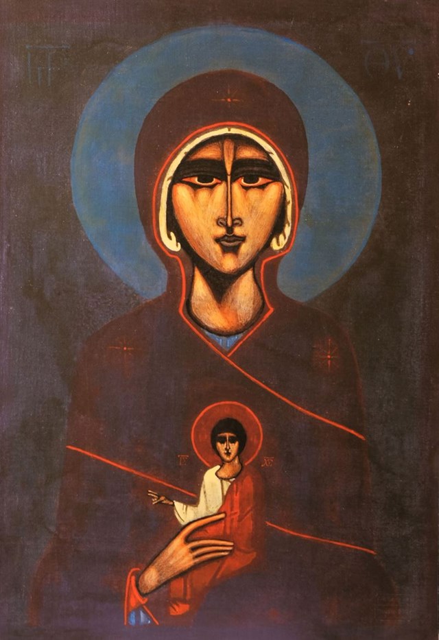 Living room print by Jerzy Nowosielski titled The Mother of God with the Child