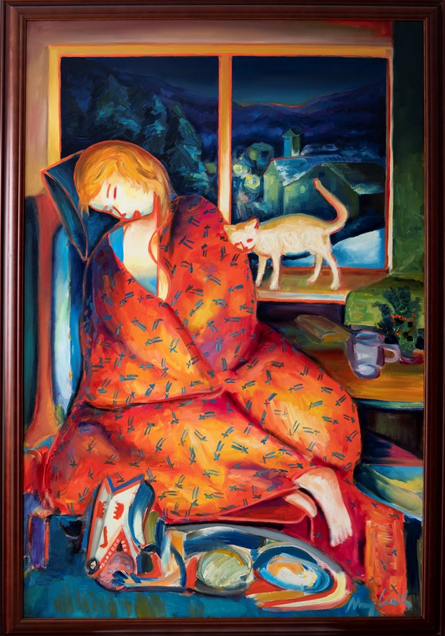 Obraz do salonu artysty Maciej Cieśla pod tytułem Zimowy wieczór, dziewczyna pod kocem- rama ciemny dąb
