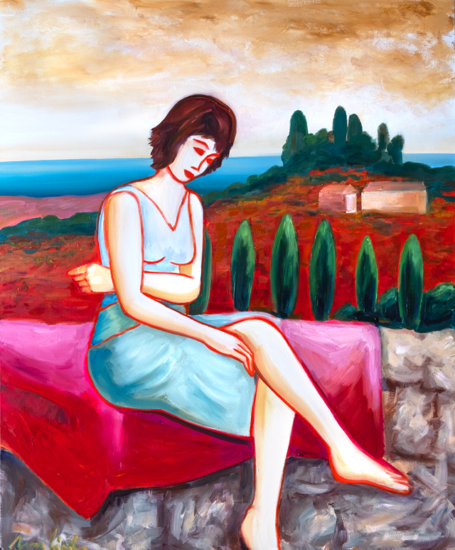 Living room painting by Maciej Cieśla titled Girl In Tuscany Mountains VI