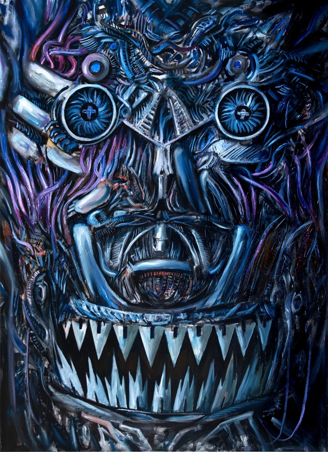 Living room painting by Maciej Cieśla titled Mechanical Portrait