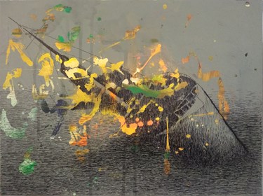 Obraz do salonu artysty Maciej Szczurek-Maksymiuk pod tytułem Czekaj. Statek tonie, rozstaje się z uśmiechem