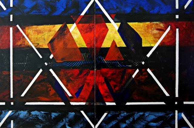 Living room painting by Andrzej Grabowski titled African vibe, diptych