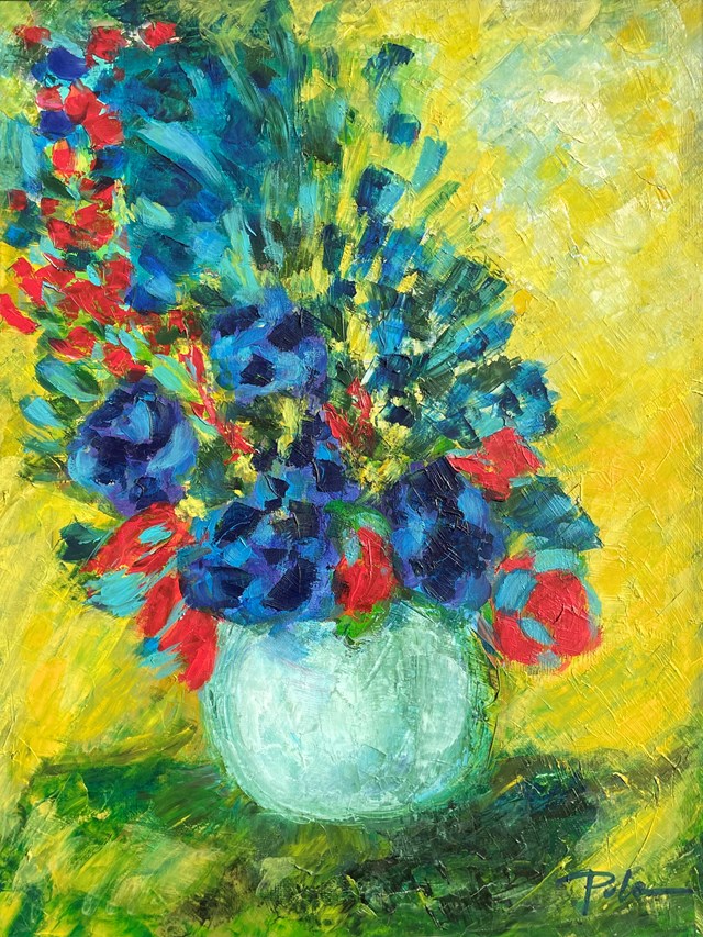 Obraz do salonu artysty Paulina Anna Leszczyńska pod tytułem Niebieskie kwiaty na żółtym tle 