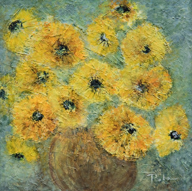 Living room painting by Paulina Anna Leszczyńska titled Yellow chrysanthemums
