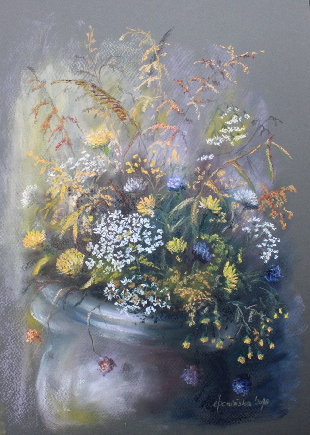 Living room painting by Elżbieta Ponińska titled October bouquet from the Wild flowers series