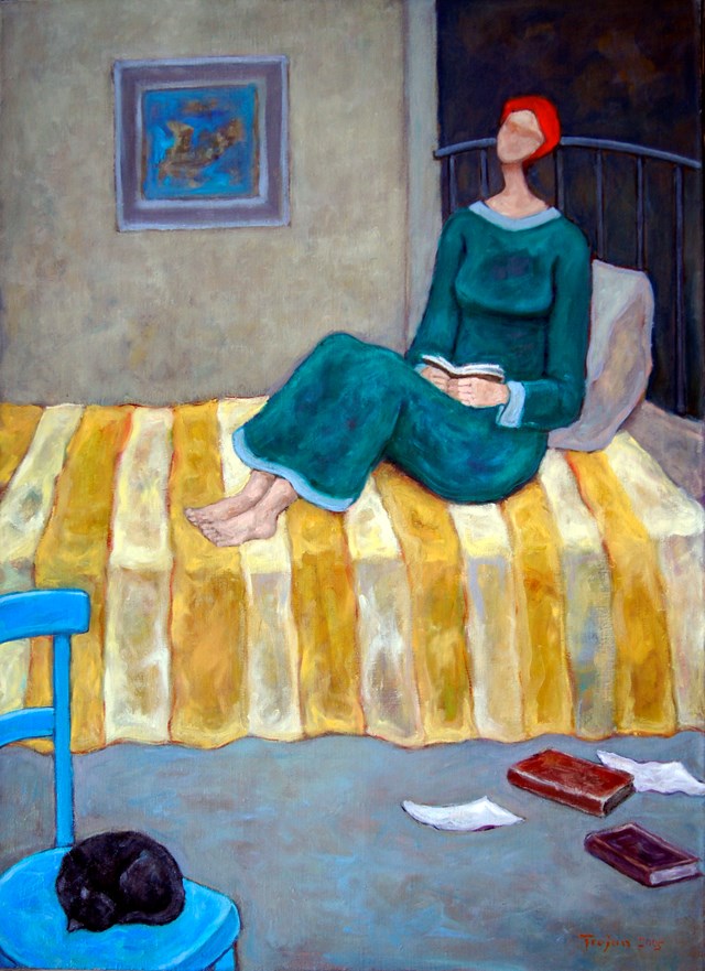 Living room painting by Henryk Trojan titled Evening reading