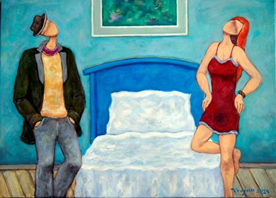 Living room painting by Henryk Trojan titled Interior with the blue bed