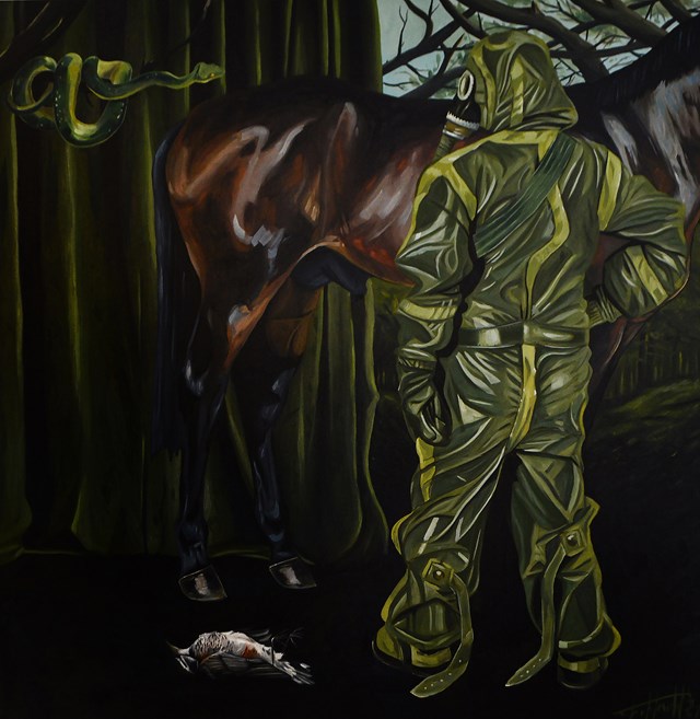 Living room painting by Szymon Kurpiewski titled Mysterious death of a thrush bird