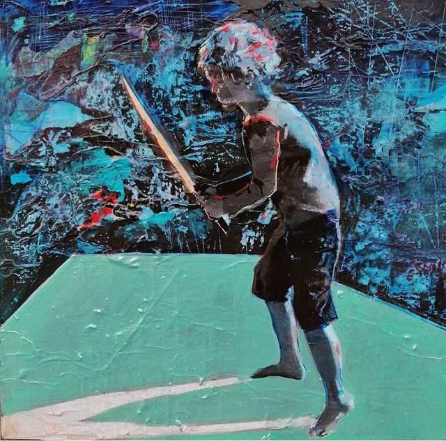 Living room painting by Monika Solorz titled BOYwithSWORD 3