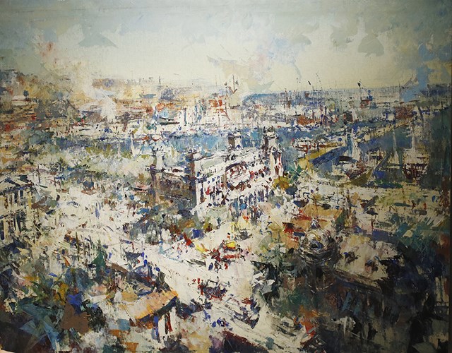 Living room painting by Alejandro Miras Esteban titled Port of Barcelona, panoramic
