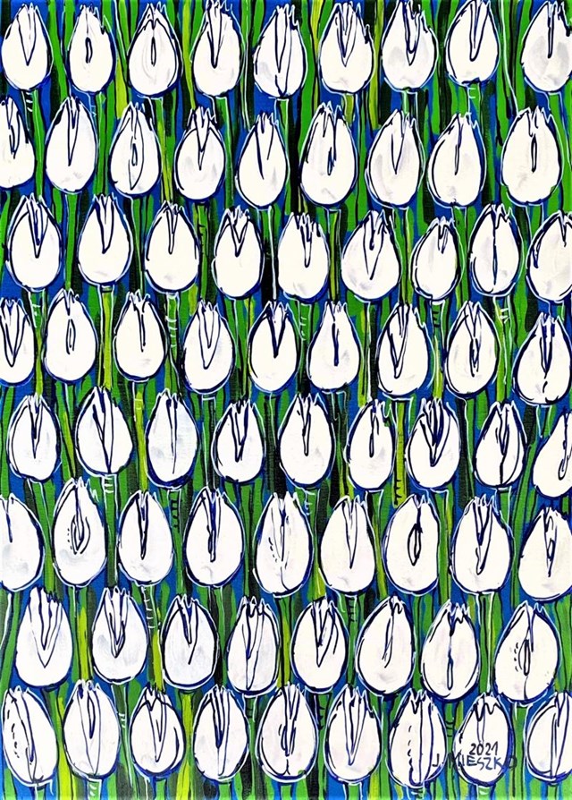 Obraz do salonu artysty Joanna Mieszko pod tytułem Białe tulipany - ostatni rzut na taśmę