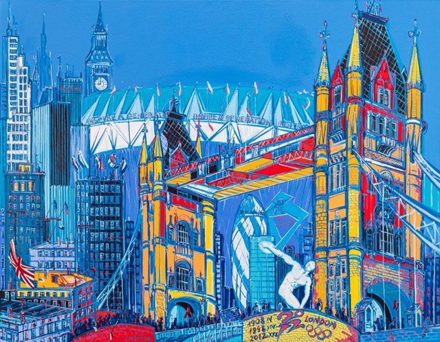 Living room painting by Joanna Mieszko titled London Olympics 1908, 1948, 2012 (NR XI-365-970)