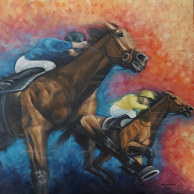 Living room painting by Beata Kowalczyk titled Horse racing II
