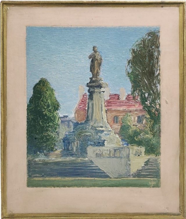 Living room painting by Juliusz Mieszkowski titled The monument of Adam Mickiewicz in Warsaw