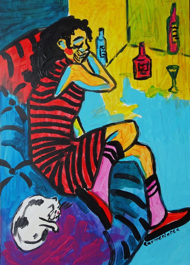 Living room painting by Marlena Kuć titled kobieta z kotkiem