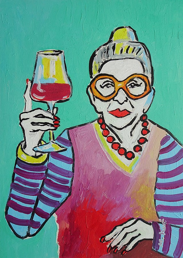 Obraz do salonu artysty Marlena Kuć pod tytułem babcia z lampką wina