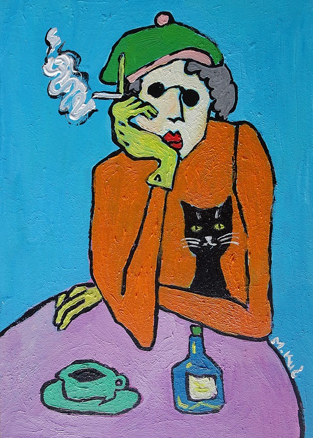 Living room painting by Marlena Kuć titled dama z czarnym kotem